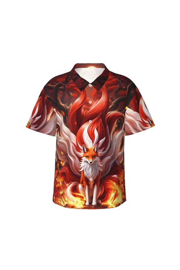 Red Leaf Flame Fox Print Mens Hawaiian Shirts,Loose-Fit Short Sleeve Button Down Tropical Aloha Beach Shirt,Summer Vacation Wedding Tops,Medium