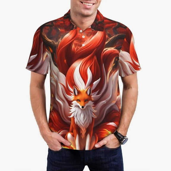 Logiee Red Leaf Flame Fox Print Mens Polo Shirts,Mens Golf Polo Shirts,Short Sleeve Casual Polo Shirts for Men,Summer Fashion Beach Shirts-4X-Large