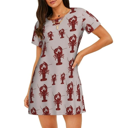 Logiee Red Lobster With Claws Print Nightgowns for Women,Soft Short-Sleeved Lightweight Sleepwear, Loose Sleepshirts