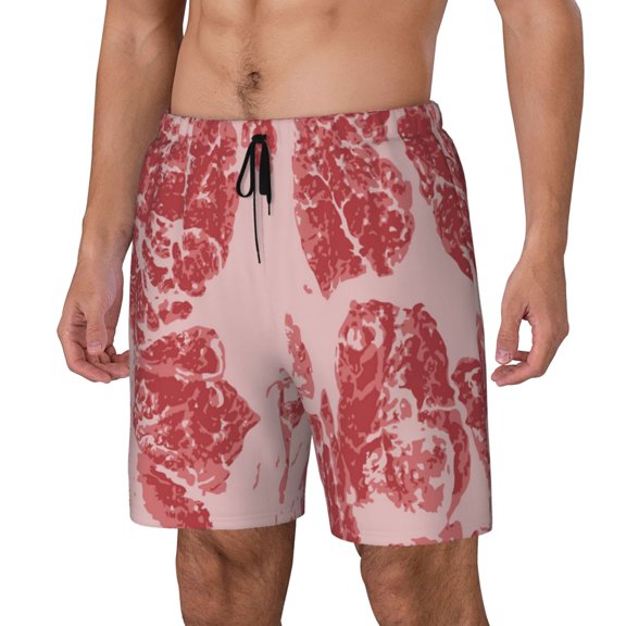 Logiee Red Meat Print Men's Swim Trunk,Quick Dry Board Shorts ,Men's Swim Trunks with Compression Liner, Bathing Suits with Pockets-Small