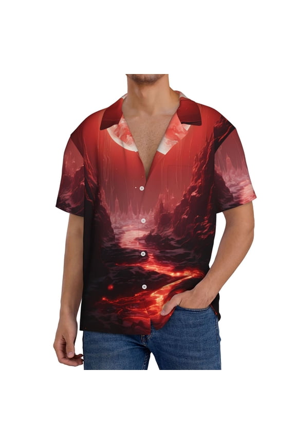 Red Moon Lava Print Men's Button Down Shirts Short Sleeve, Summer Beach Shirts,Vacation Wedding Shirts,Men's Casual Button-Down Shirts with Pocket-Medium