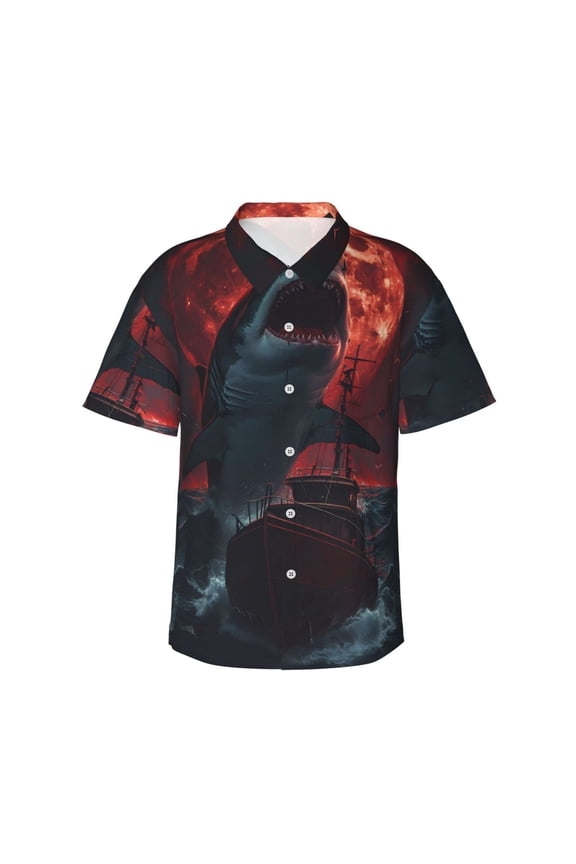 Red Moon Shark Sailboat Print Mens Hawaiian Shirts,Loose-Fit Short Sleeve Button Down Tropical Aloha Beach Shirt,Summer Vacation Wedding Tops,Large