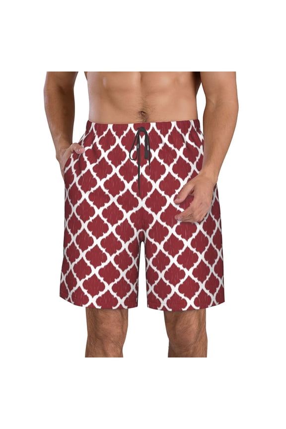 Red Moroccan Print Mens Swim Trunks Quick Dry Board Shorts,Breathable Hawaii Beach Shorts Swimwear Bathing Suits-3X-Large