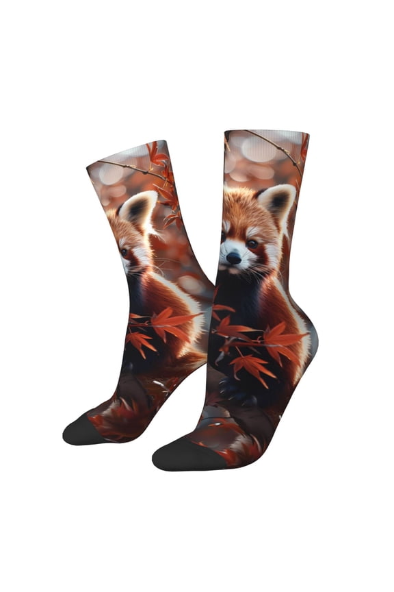 Red Panda Autumn Branches Print Adult Socks for Men & Women,Calf Socks, Ankle Socks,Boots Socks,Breathable Casual Sock,Unisex Crew Socks