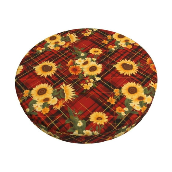 Logiee Red Plaid Sunflower Print Stool Covers Round,Bar Stool Covers,Watedrproof Stool Slipcover with Elastic,Stool Cushion,Round Bar Stool Seat Covers for Bar Round Chair-13 inch