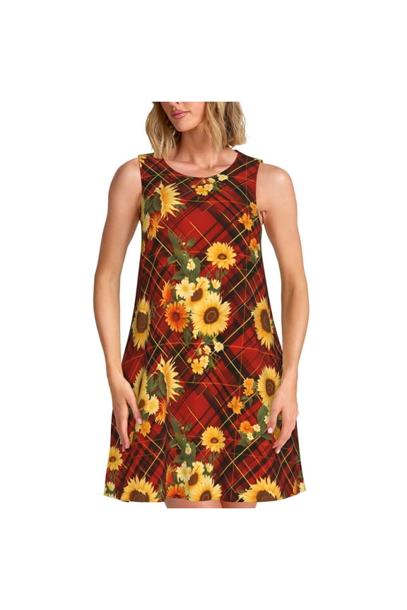 Red Plaid Sunflower Print Summer Dresses for Women,Beach Sleeveless Flowy Pocket Tshirt Tank Sundresses,Women's Sleeveless Dress