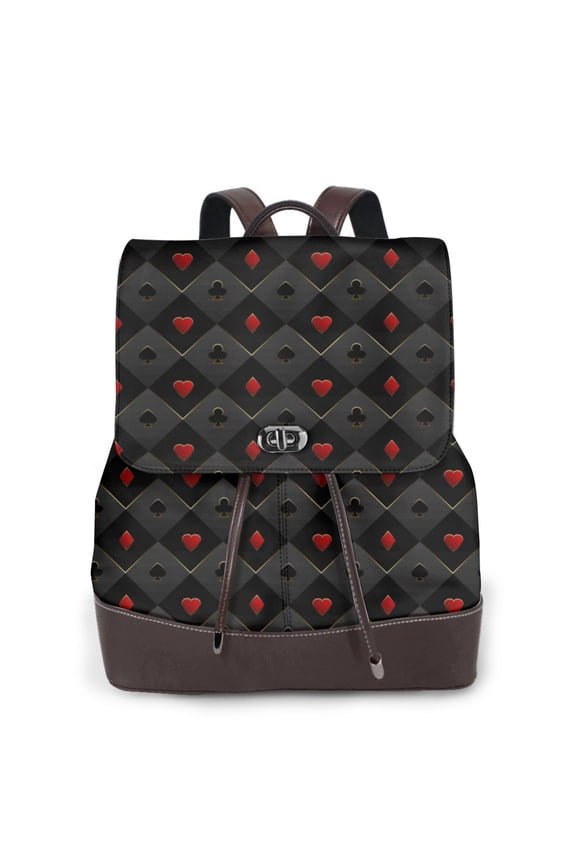 Fuzoiu Red Poker Print Women's Leather Backpack,Backpack in Leather with Adjustable Strap,College Bookbag for School,Work Business Backpack