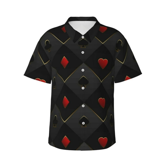 Logiee Red Poker Print Mens Hawaiian Shirts,Loose-Fit Short Sleeve Button Down Tropical Aloha Beach Shirt,Summer Vacation Wedding Tops,Small
