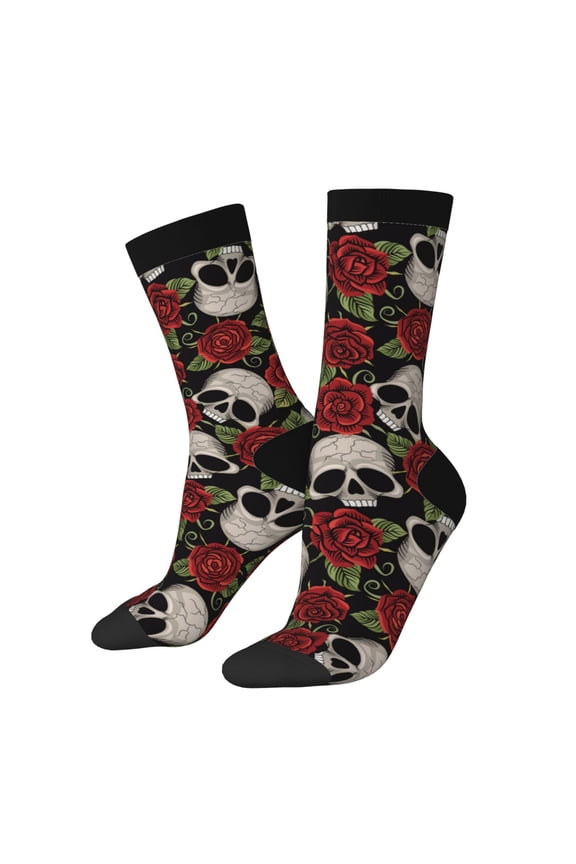 Red Rose Skull Print Adult Socks for Men & Women,Calf Socks, Ankle Socks,Boots Socks,Breathable Casual Sock,Unisex Crew Socks