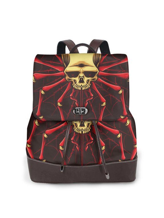 Logiee Red Skull Spider Print Backpack Purse for Women,Fashion Leather Backpack Purse,Women's Leather Backpack for Work College Travel