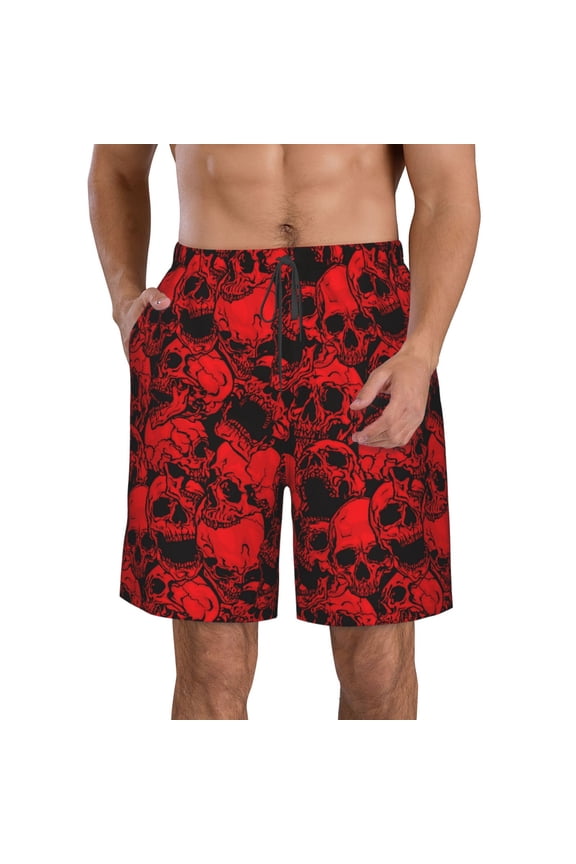 Red Skulls 3 Print Mens Swim Trunks Quick Dry Board Shorts,Breathable Hawaii Beach Shorts Swimwear Bathing Suits-Large