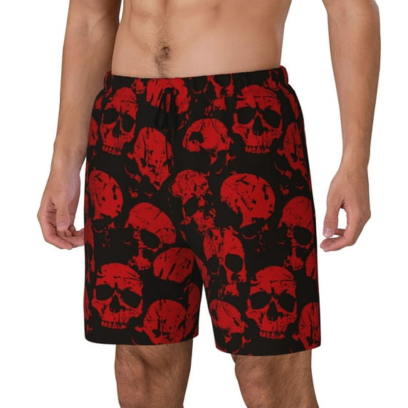 Logiee Red Skulls Print Men's Swim Trunk,Quick Dry Board Shorts ,Men's Swim Trunks with Compression Liner, Bathing Suits with Pockets-Medium