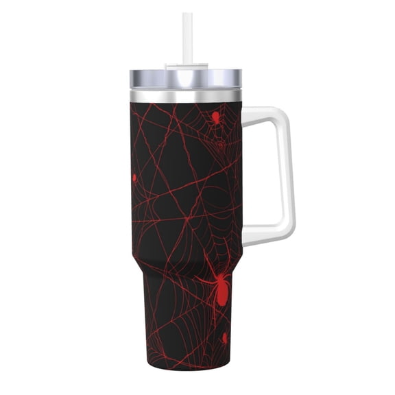 Logiee Red Spider On The Web Print 40OZ Ice Bully Cup with Handle and Straw, Double Wall Stainless Steel Tumbler,Travel Coffee Cup with Lid, Summer Insulation and Cooling Cup
