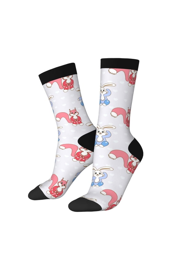 Red Squirrel And Blue Rabbit Print Adult Socks for Men & Women,Calf Socks, Ankle Socks,Boots Socks,Breathable Casual Sock,Unisex Crew Socks