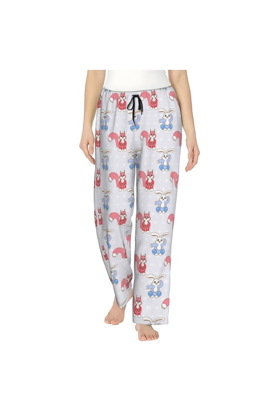 Red Squirrel And Blue Rabbit Print Women Pajama Pants,Comfy Pj Bottom with Pockets & Drawstring,Stretch Casual Sleepwear-Medium