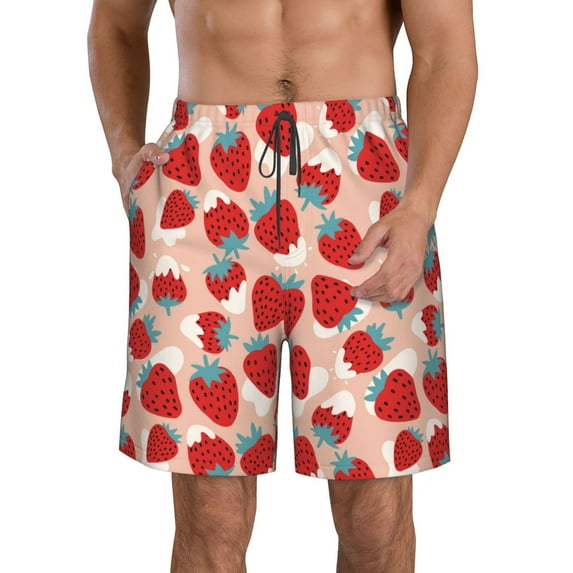 Logiee Red Strawberry Print Mens Swim Trunks Quick Dry Board Shorts,Breathable Hawaii Beach Shorts Swimwear Bathing Suits-3X-Large