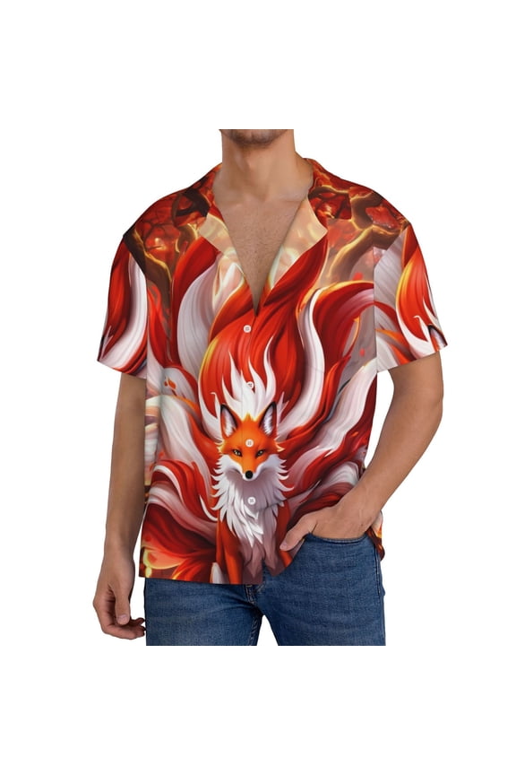 Red Sun Flame Fox Print Men's Button Down Shirts Short Sleeve, Summer Beach Shirts,Vacation Wedding Shirts,Men's Casual Button-Down Shirts with Pocket-Small