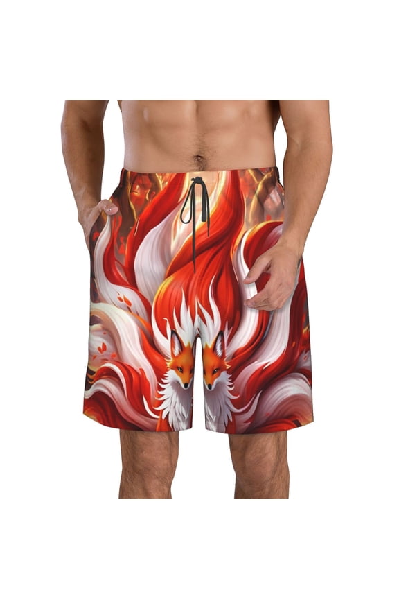 Red Sun Flame Fox Print Mens Swim Trunks Quick Dry Board Shorts,Breathable Hawaii Beach Shorts Swimwear Bathing Suits-Large