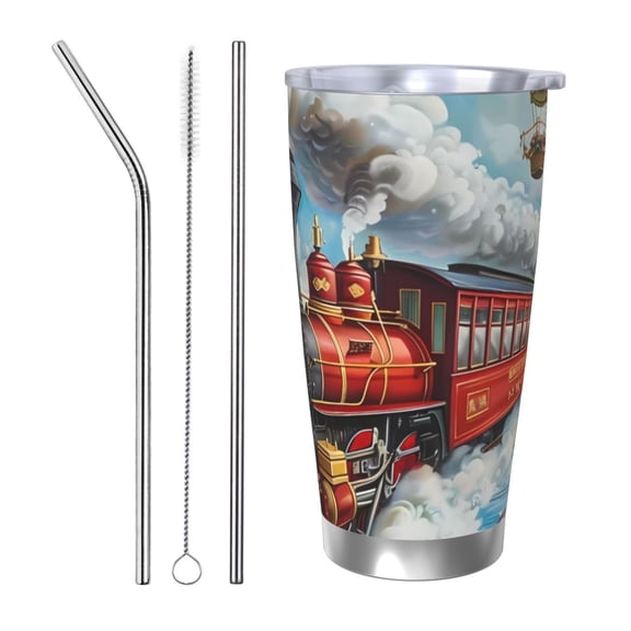 Logiee Red Train Hot Air Balloon Print 20OZ Car Cup with Lid, Stainless Steel Vacuum Insulated Double Wall Travel Tumbler, Durable Insulated Coffee Mug,Thermal Cup with Straw-Straw Three-piece Set