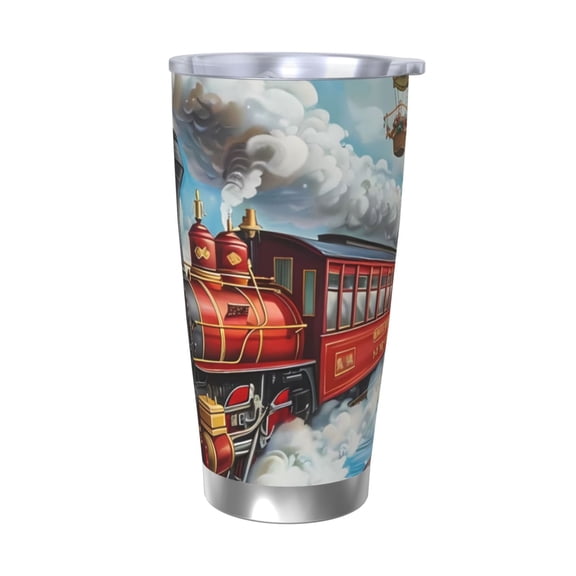 Logiee Red Train Hot Air Balloon Print 20OZ Car Cup with Lid, Stainless Steel Vacuum Insulated Double Wall Travel Tumbler, Durable Insulated Coffee Mug,Thermal Cup with Straw-Without Straw