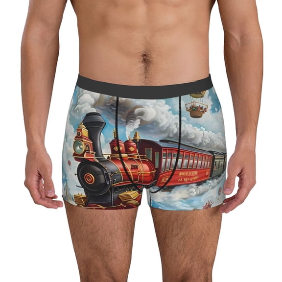 Logiee Red Train Hot Air Balloon Print Mens Boxer Briefs,Boxer Briefs for Men,Breathable Stretch Underwear,Boys Boxer Briefs-Large