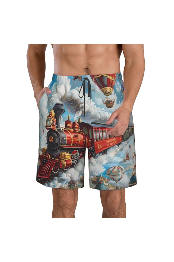 Red Train Hot Air Balloon Print Mens Swim Trunks Quick Dry Board Shorts,Breathable Hawaii Beach Shorts Swimwear Bathing Suits-X-Large