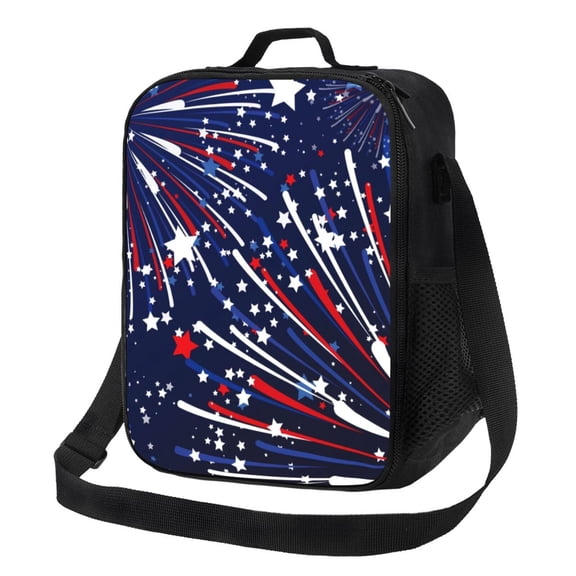 Logiee Red White Blue Fireworks 1 Print Insulated Lunch Bag for Women/Men, Reusable Lunch Box for Office Work School Picnic Beach,Leakproof Freezable Cooler Bag with Shoulder Strap