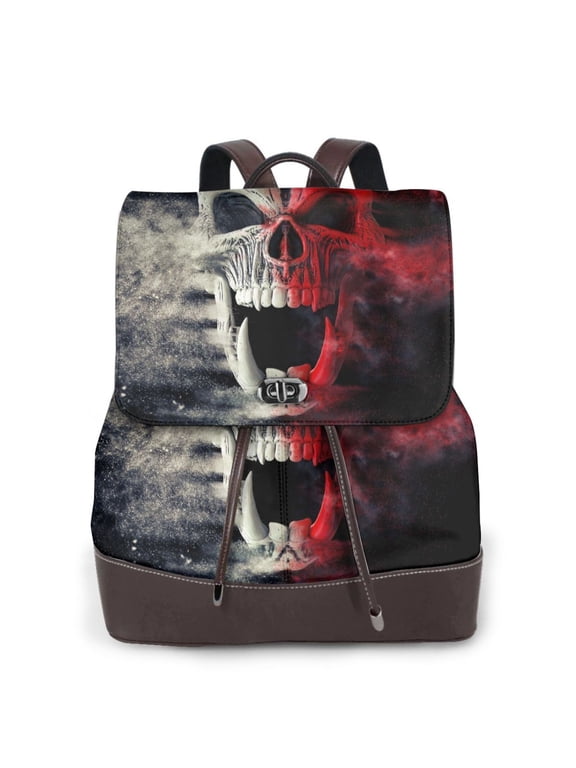 Red And White Screaming Demon Skull Print Women's Leather Backpack,Travel Laptop Backpack,Fashion Ladies Leather Backpack Bag for Travel,Leather Drawstring Daypack for Me