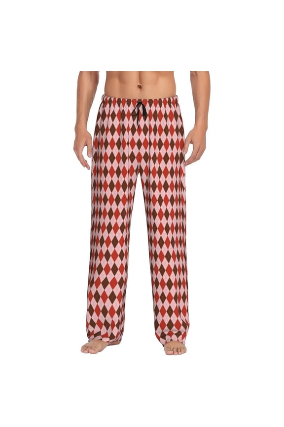 Red and Brown Squares Print Pajama Pants for Men,Men’s Pajama Bottoms,Mens PJ Pants with Pockets & Button Fly-Medium