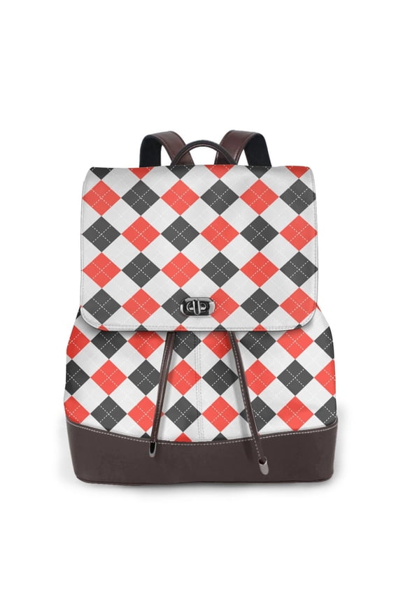 Logiee Red and black argyle Print Backpack Purse for Women,Fashion Leather Backpack Purse,Women's Leather Backpack for Work College Travel