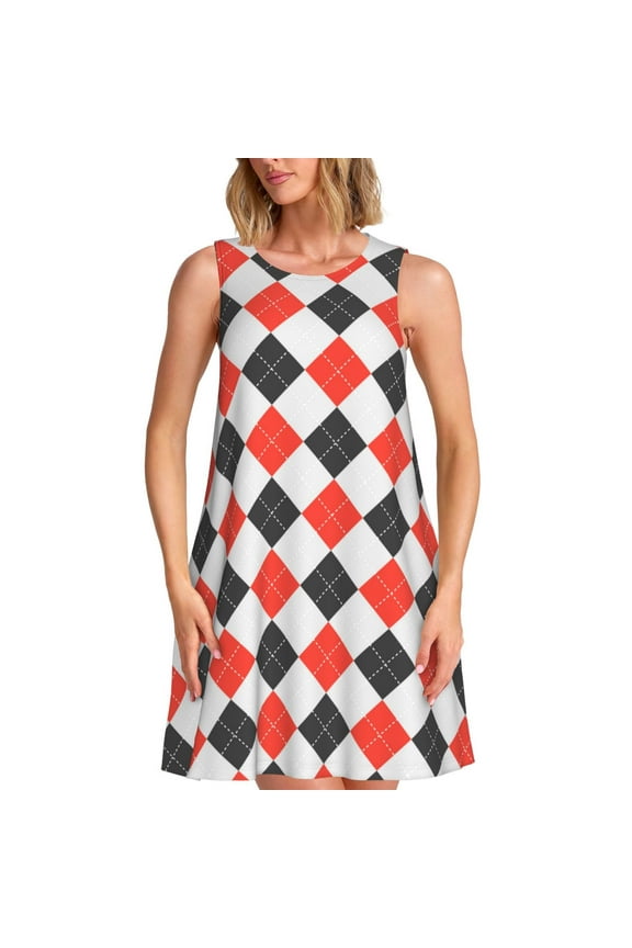 Red and black argyle Print Summer Dresses for Women,Beach Sleeveless Flowy Pocket Tshirt Tank Sundresses,Women's Sleeveless Dress