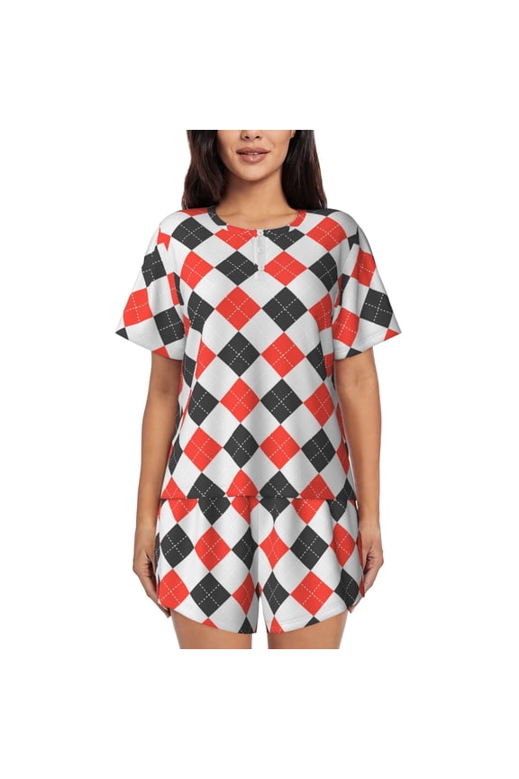 Red and black argyle Print Womens Pajamas Set,Short-Sleeve Pajama 2 Piece Sleepwear with Pockets-XX-Large