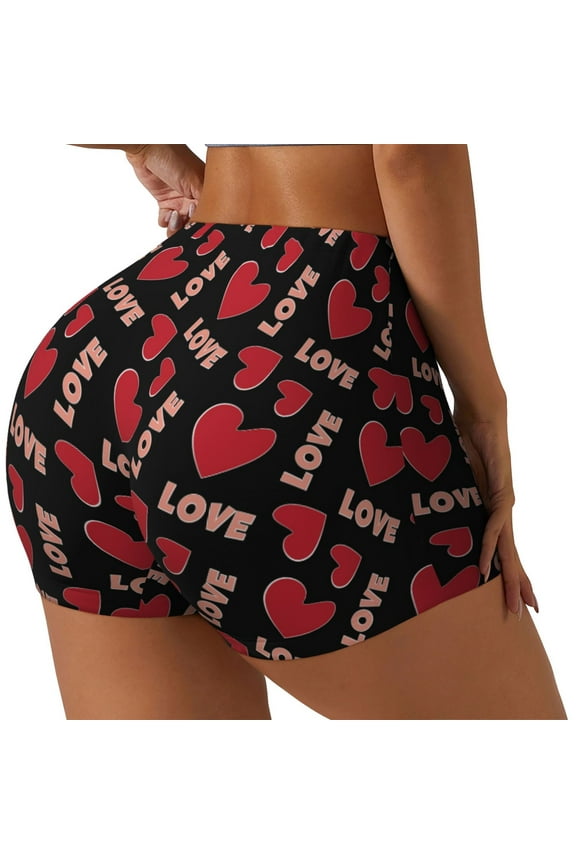Red heart and love Print Women's Biker Shorts,Workout Gym Shorts,Scrunch Shorts,Tummy Control Hidden Scrunch Running Yoga Shorts-Medium