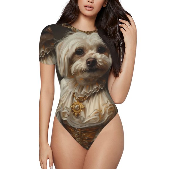 Logiee Regal Dog In Royal Attire Print Women's Short Sleeve Bodysuit,Crew Neck Soft Comfortable Fit Sexy Top,Body Suit Shirts,Short Sleeve T-Shirts-XX-Large