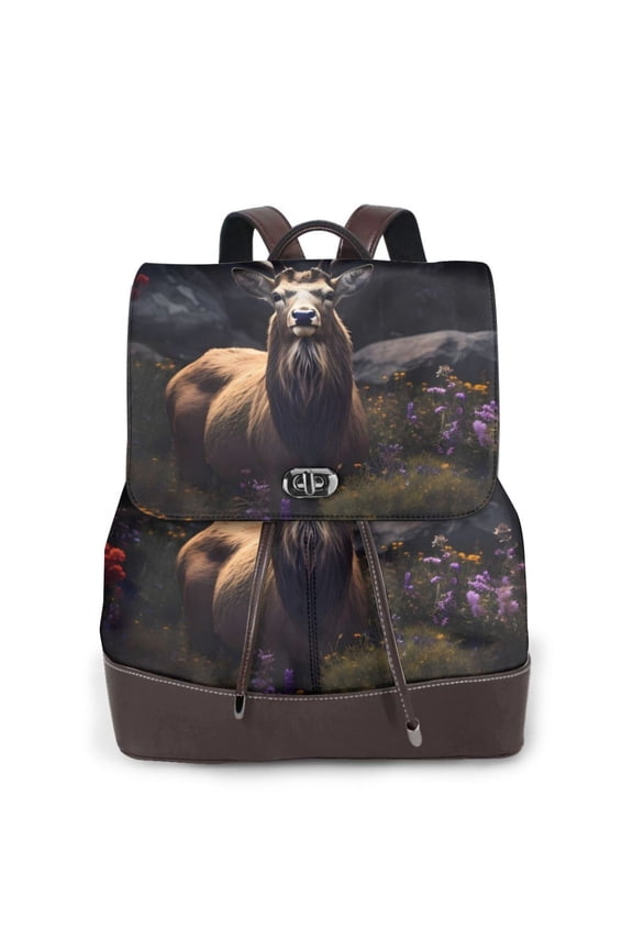 Regal Stag In Forest Print Women's Leather Backpack,Travel Laptop Backpack,Fashion Ladies Leather Backpack Bag for Travel,Leather Drawstring Daypack for Me