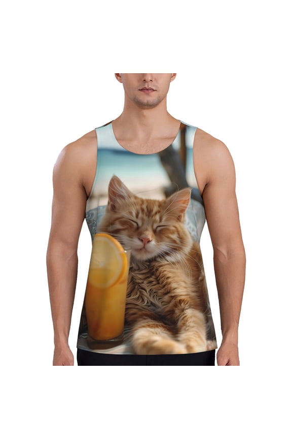 Relaxing Cat With Orange Juice Print Men's Workout Tank Top,Quick Dry Workout Tank Top,Gym Muscle Tee,Fitness Bodybuilding Sleeveless T Shirt-Large