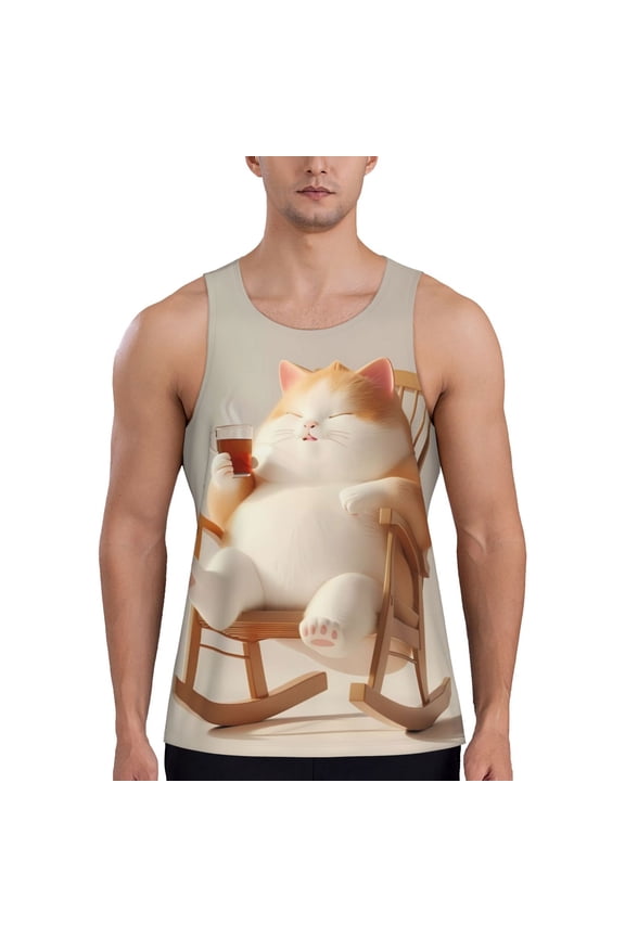 Relaxing Cat With Tea Print Men's Workout Tank Top,Quick Dry Workout Tank Top,Gym Muscle Tee,Fitness Bodybuilding Sleeveless T Shirt-XX-Large