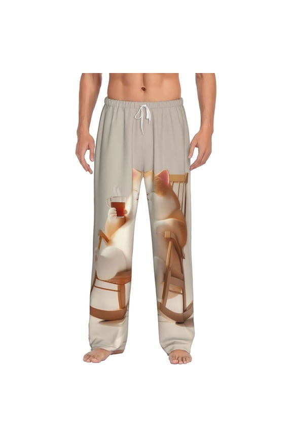 Relaxing Cat With Tea Print Pajama Pants for Men,Men’s Pajama Bottoms,Mens PJ Pants with Pockets & Button Fly-3X-Large