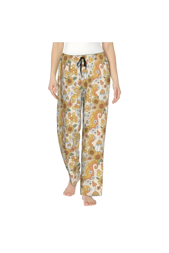 Retro 70s 60s Flower Print Women Pajama Pants,Comfy Pj Bottom with Pockets & Drawstring,Stretch Casual Sleepwear-Medium