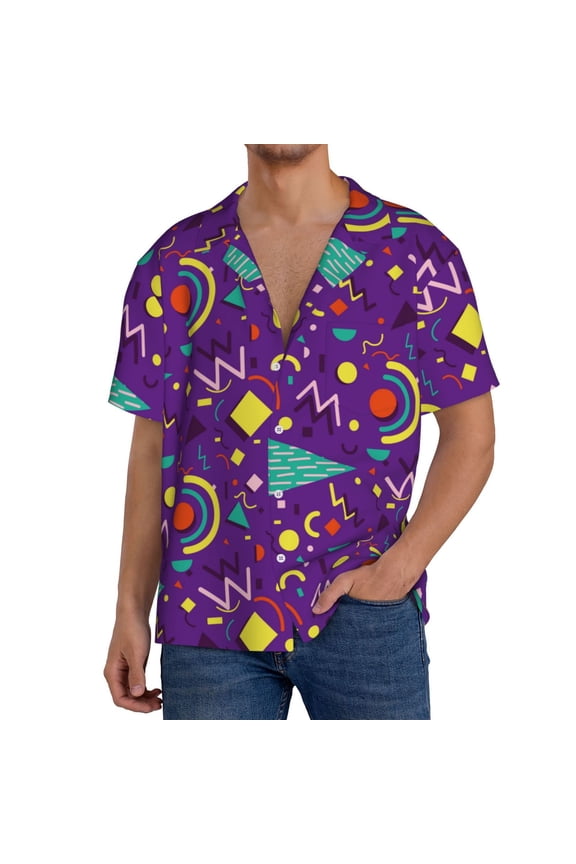 Retro 80s Style Print Men's Button Down Shirts Short Sleeve, Summer Beach Shirts,Vacation Wedding Shirts,Men's Casual Button-Down Shirts with Pocket-XX-Large