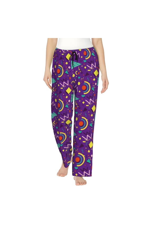 Retro 80s Style Print Women Pajama Pants,Comfy Pj Bottom with Pockets & Drawstring,Stretch Casual Sleepwear-Small