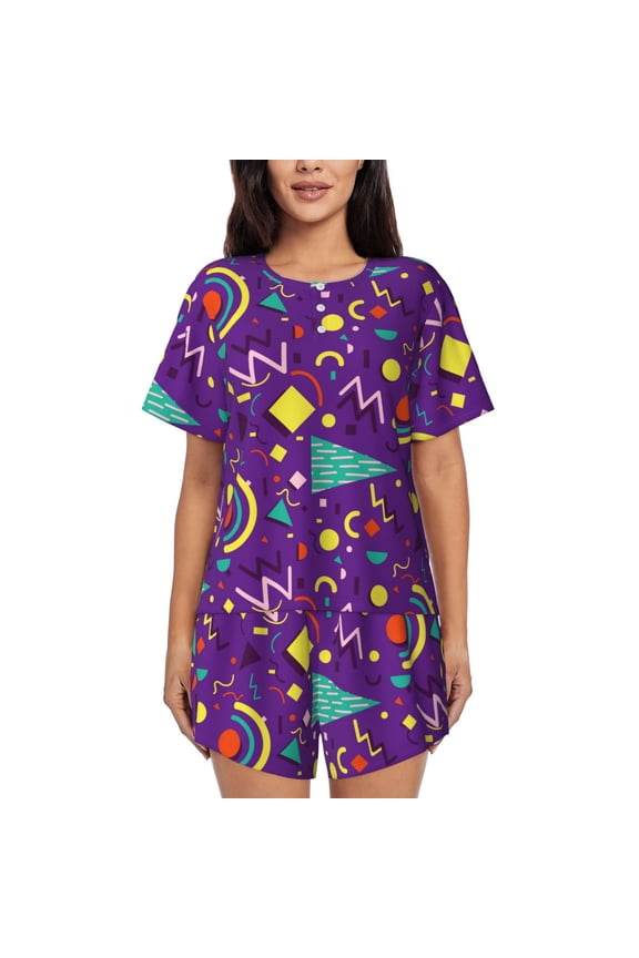 Retro 80s Style Print Womens Pajamas Set,Short-Sleeve Pajama 2 Piece Sleepwear with Pockets-Small