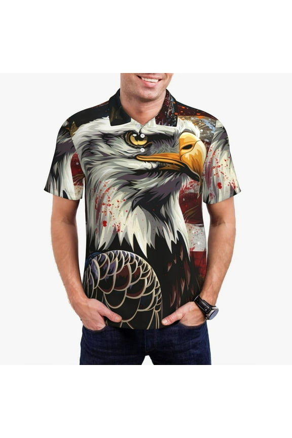 Retro American Eagle A Print Mens Polo Shirts,Mens Golf Polo Shirts,Short Sleeve Casual Polo Shirts for Men,Summer Fashion Beach Shirts-Medium