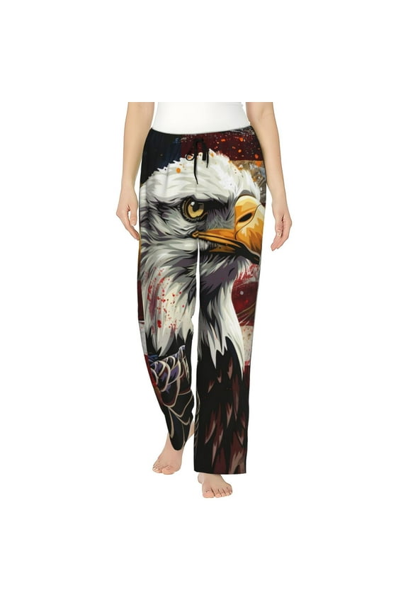 Retro American Eagle A Print Women Pajama Pants,Comfy Pj Bottom with Pockets & Drawstring,Stretch Casual Sleepwear-Large