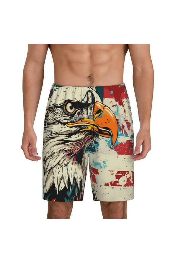 Retro American Eagle Print Men's Pajama Shorts with Drawstring & Pockets,Sleep Shorts for Men,Sleepwear Bottoms,Elastic Waistband Loungewear-X-Large