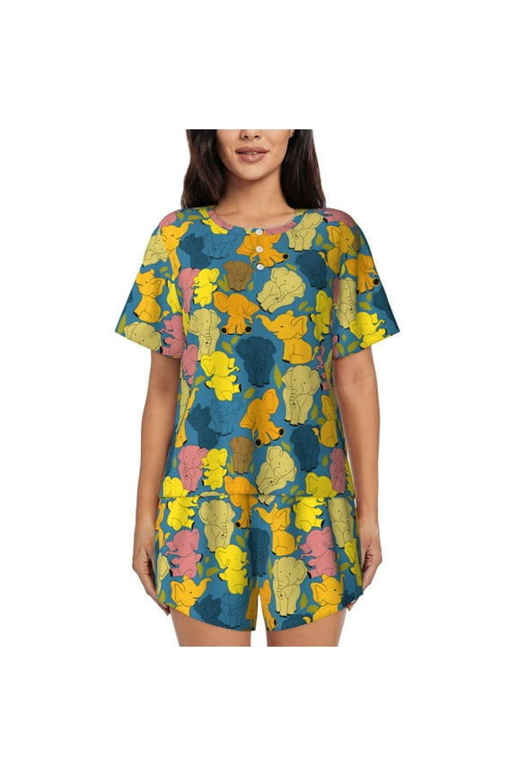 Retro Boho Elephants Print Womens Pajamas Set,Short-Sleeve Pajama 2 Piece Sleepwear with Pockets-Small