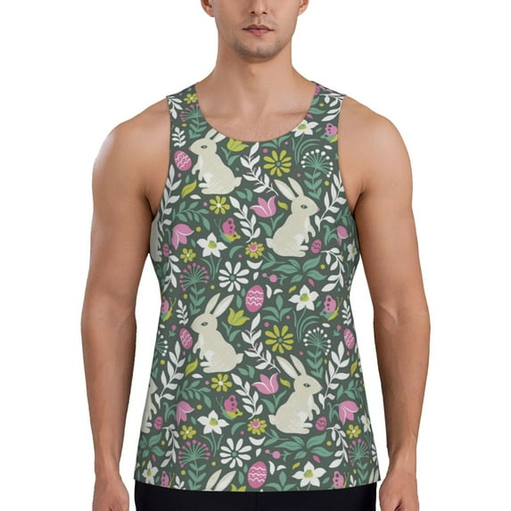 Logiee Retro Bunny Floral Print Men's Workout Tank Top,Quick Dry Workout Tank Top,Gym Muscle Tee,Fitness Bodybuilding Sleeveless T Shirt-Large