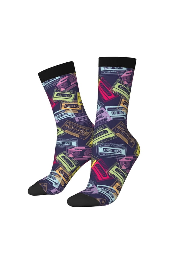 Retro Cassette Music Print Adult Socks for Men & Women,Calf Socks, Ankle Socks,Boots Socks,Breathable Casual Sock,Unisex Crew Socks