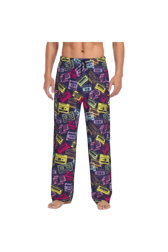 Retro Cassette Music Print Pajama Pants for Men,Men’s Pajama Bottoms,Mens PJ Pants with Pockets & Button Fly-Small