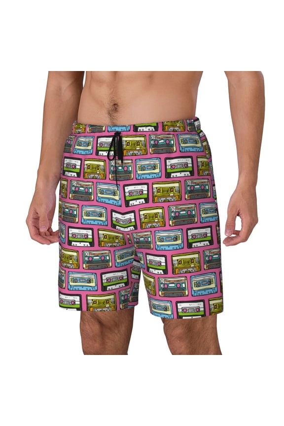 Retro Cassette Print Men's Swim Trunk,Quick Dry Board Shorts ,Men's Swim Trunks with Compression Liner, Bathing Suits with Pockets-Large